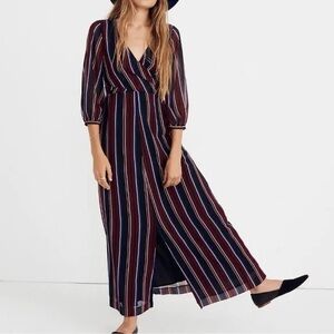 Madewell Dress; blue/black/burgundy strips; wrap around tie